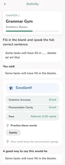 Grammar exercises with instant corrections